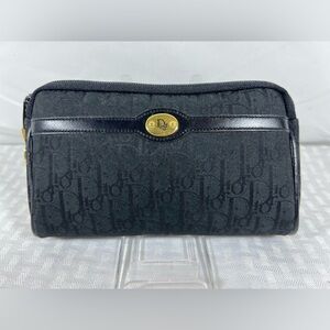 7527: Christian Dior Black Oblique Jacquard Zip Pouch Gold Logo